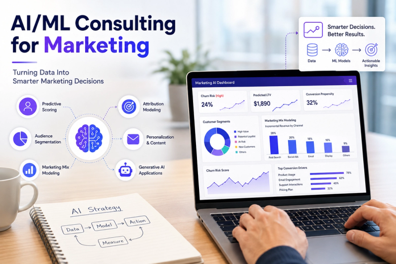 Illustration of AI/ML consulting for marketing: predictive scoring, attribution modelling, audience segmentation, personalisation, marketing mix modelling and generative AI arranged around a marketing AI dashboard open on a laptop.