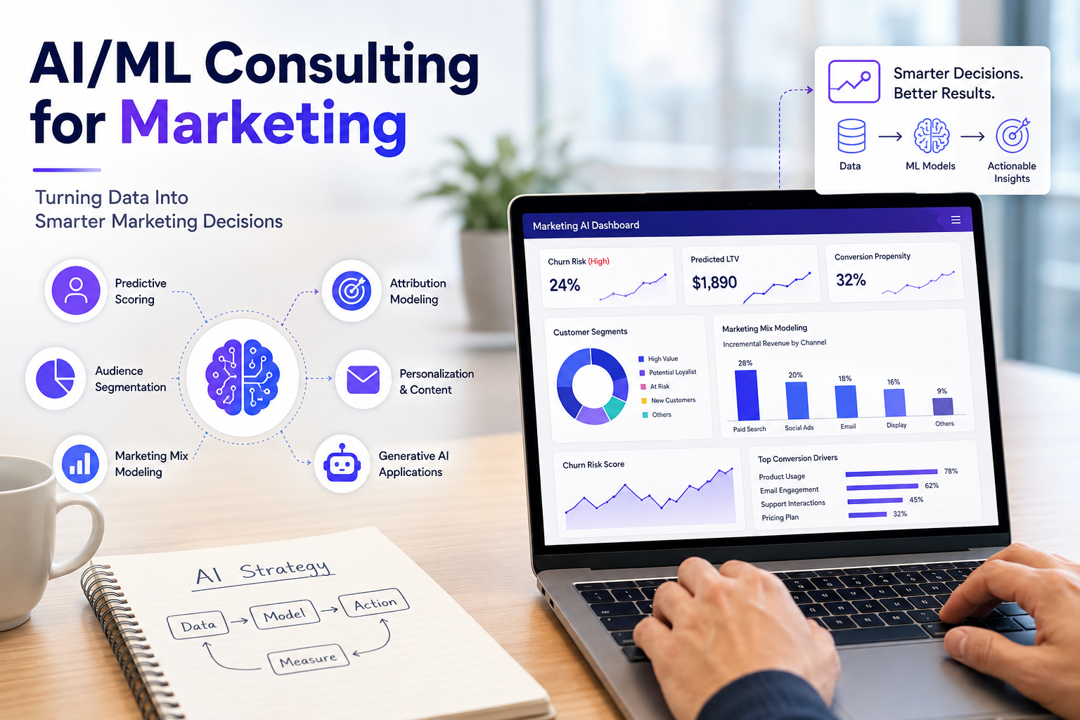 Illustration of AI/ML consulting for marketing: predictive scoring, attribution modelling, audience segmentation, personalisation, marketing mix modelling and generative AI arranged around a marketing AI dashboard open on a laptop.