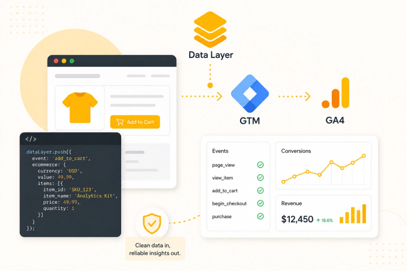 Infographic showing a data layer flowing from a webpage's "Add to Cart" action and dataLayer code snippet through Google Tag Manager into GA4, with panels tracking events, conversions, and revenue, captioned "Clean data in, reliable insights out."