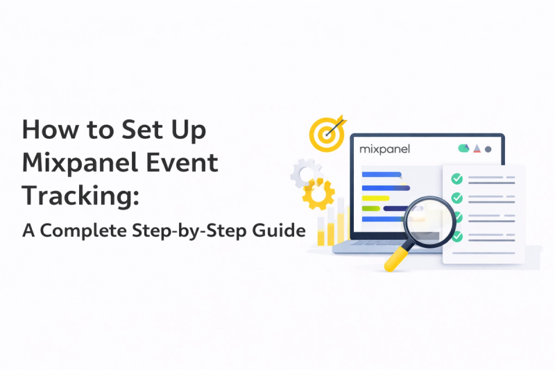 Illustration titled "How to Set Up Mixpanel Event Tracking: A Complete Step-by-Step Guide," with a laptop showing the Mixpanel dashboard, a checklist, a target, and gear icons.