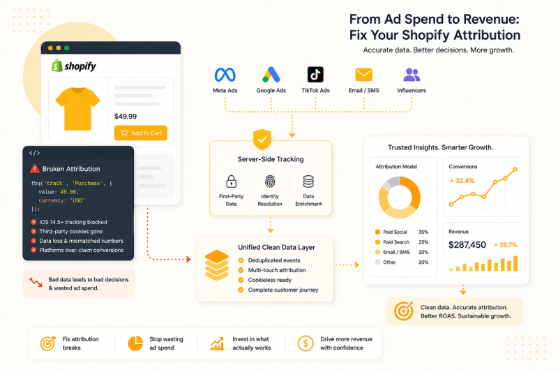 Infographic titled "From Ad Spend to Revenue: Fix Your Shopify Attribution," showing ad platform icons feeding into server-side tracking and a unified clean data layer, alongside a broken-attribution code snippet, an attribution-model donut chart, and a conversions and revenue dashboard.