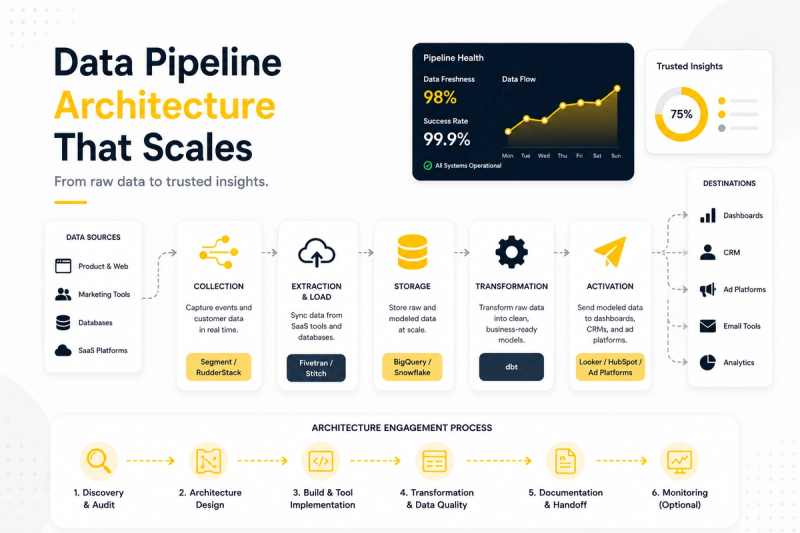 Infographic titled "Data Pipeline Architecture That Scales," diagramming data flow from sources through collection, extraction and load, storage, transformation, and activation stages, ending at dashboards, CRM, ad platforms, email tools, and analytics, alongside a pipeline health panel and a six-step engagement process.