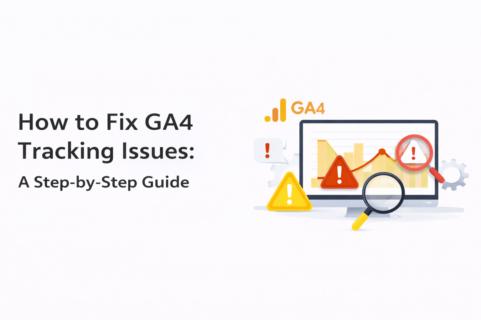 Illustration titled "How to Fix GA4 Tracking Issues: A Step-by-Step Guide," with the GA4 logo and icons of warning triangles, a magnifying glass, and a bar chart on a monitor.