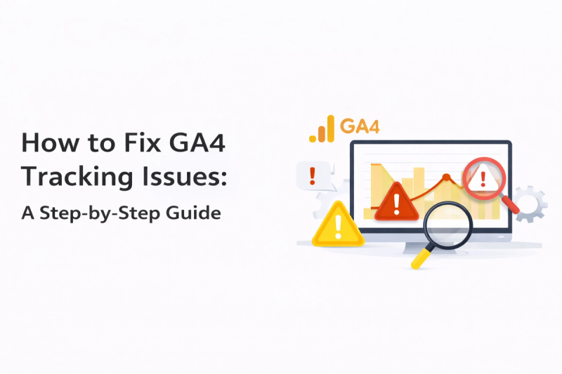 Illustration titled "How to Fix GA4 Tracking Issues: A Step-by-Step Guide," with the GA4 logo and icons of warning triangles, a magnifying glass, and a bar chart on a monitor.