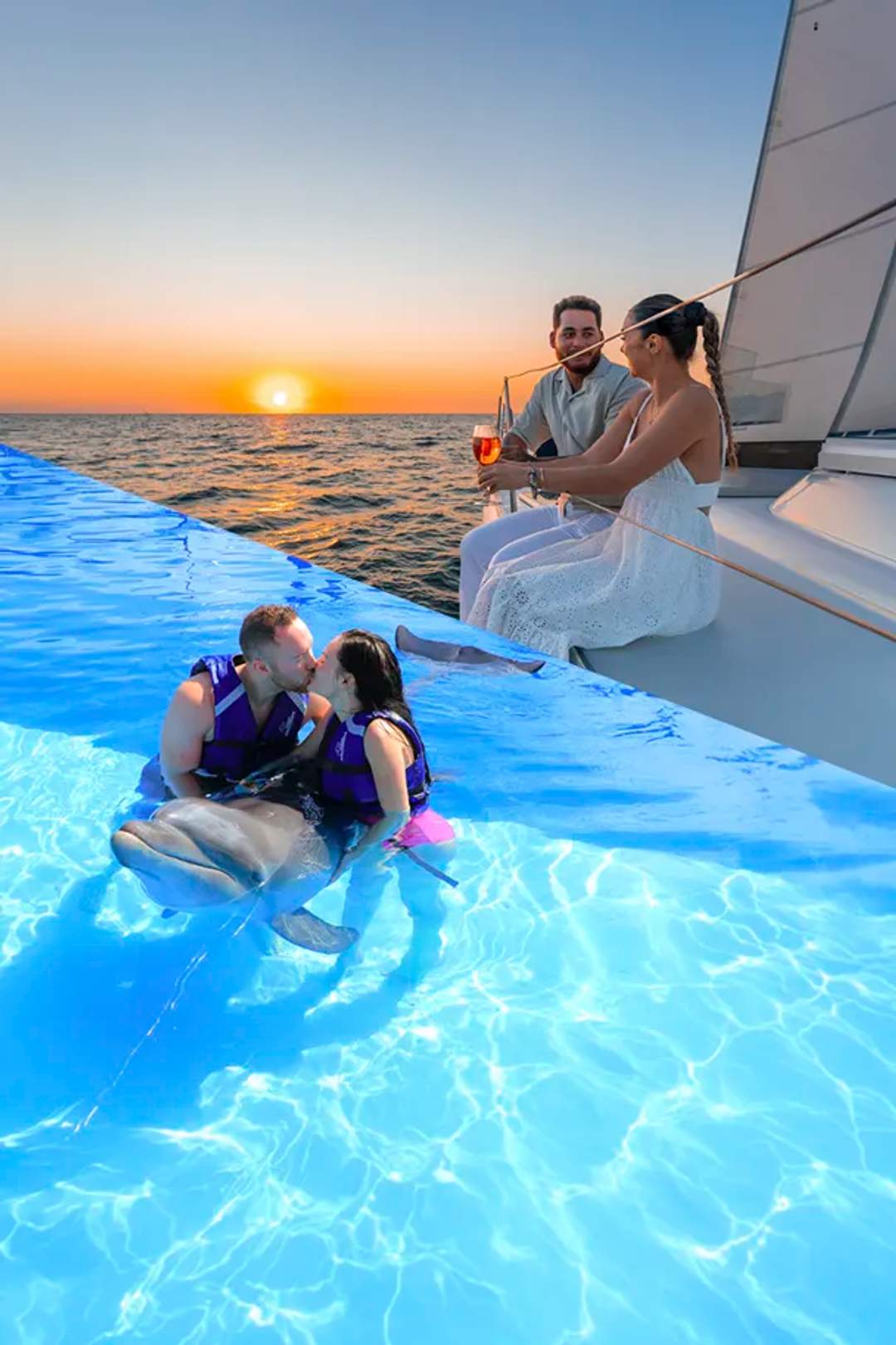Puerto Vallarta Adults-only Tour package combining a Sunset Cruise and a Dolphin Swim.
