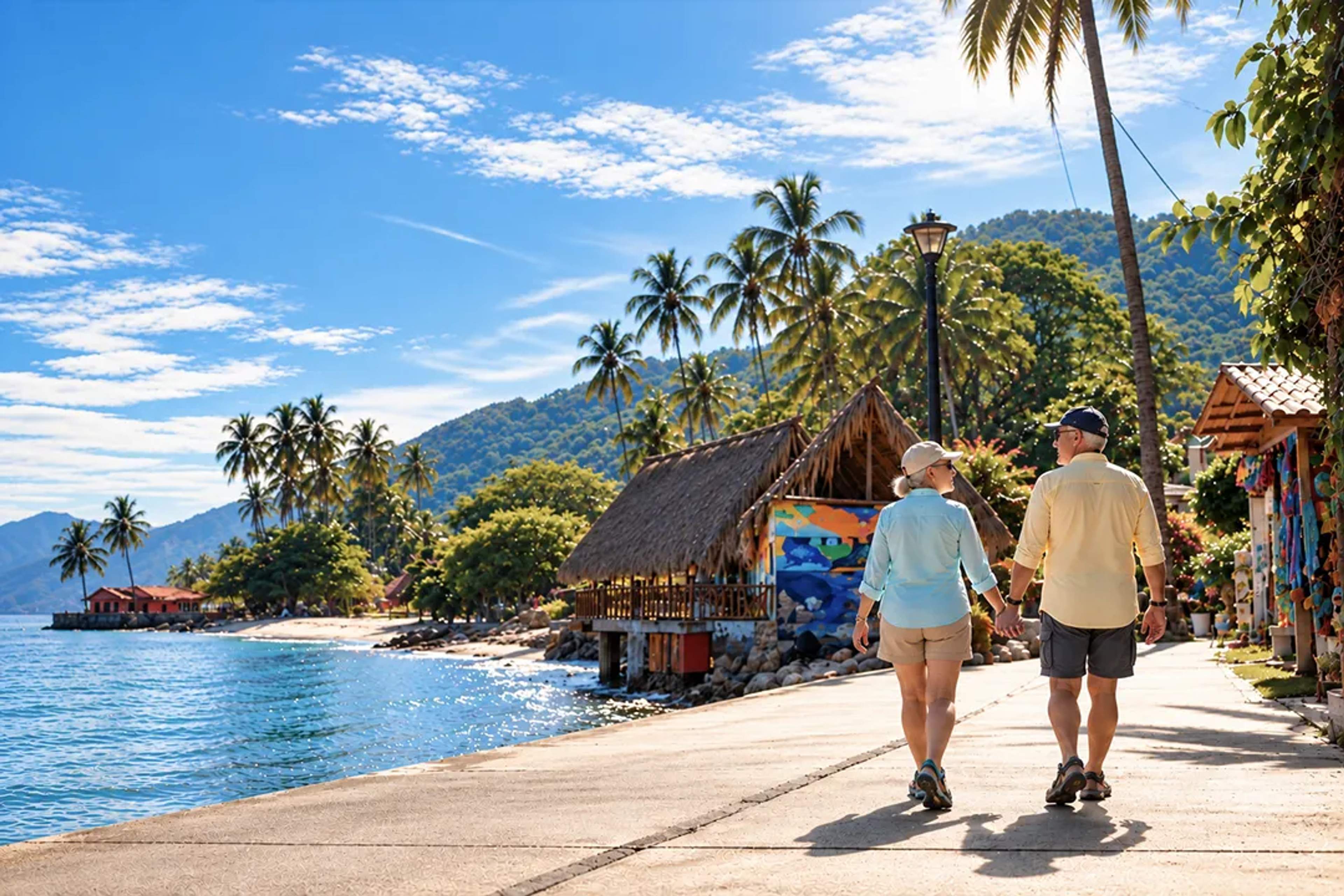 Couple walking along Yelapa beach village, palm trees, colorful huts and Sierra Madre coastline scenery