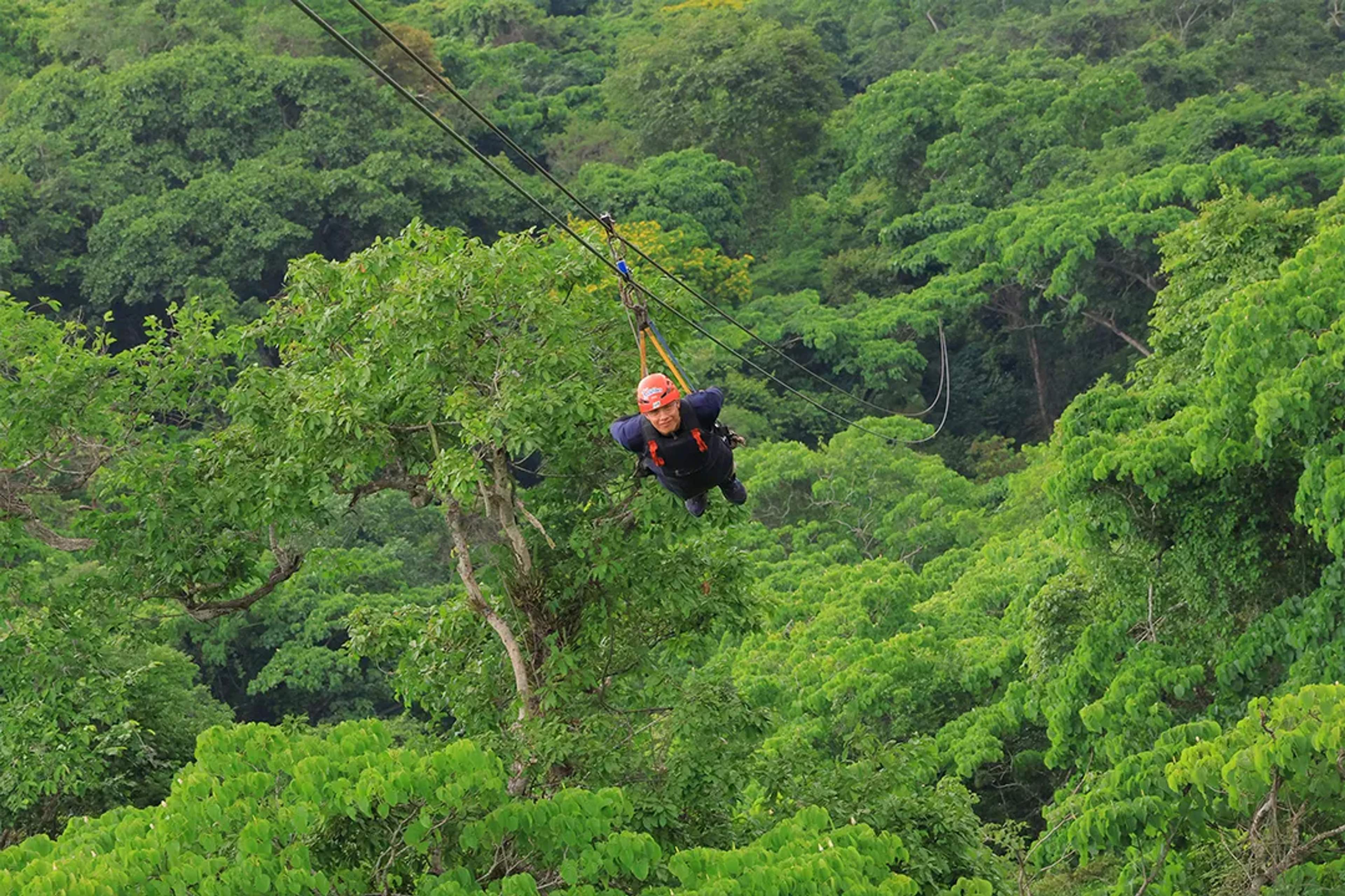 Zip line adventure flying over lush jungle canopy, thrilling outdoor experience in Mexico’s tropical forest
