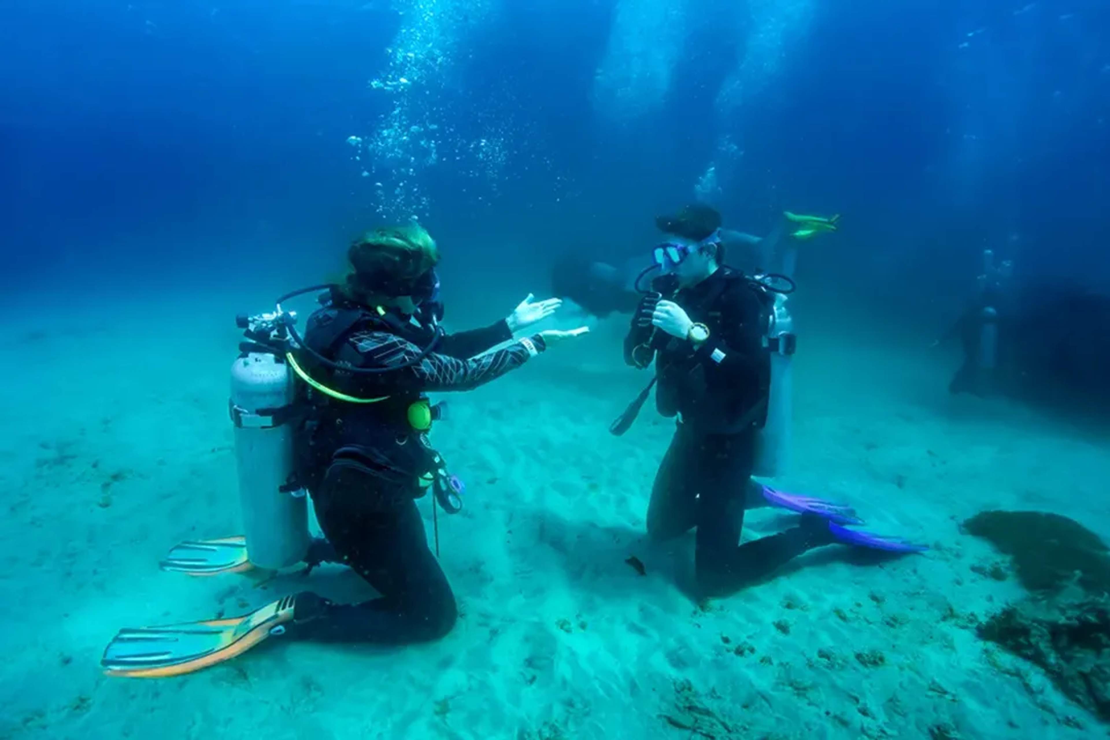 Scuba diving tour in Puerto Vallarta with instructor guiding beginner diver on sandy ocean floor