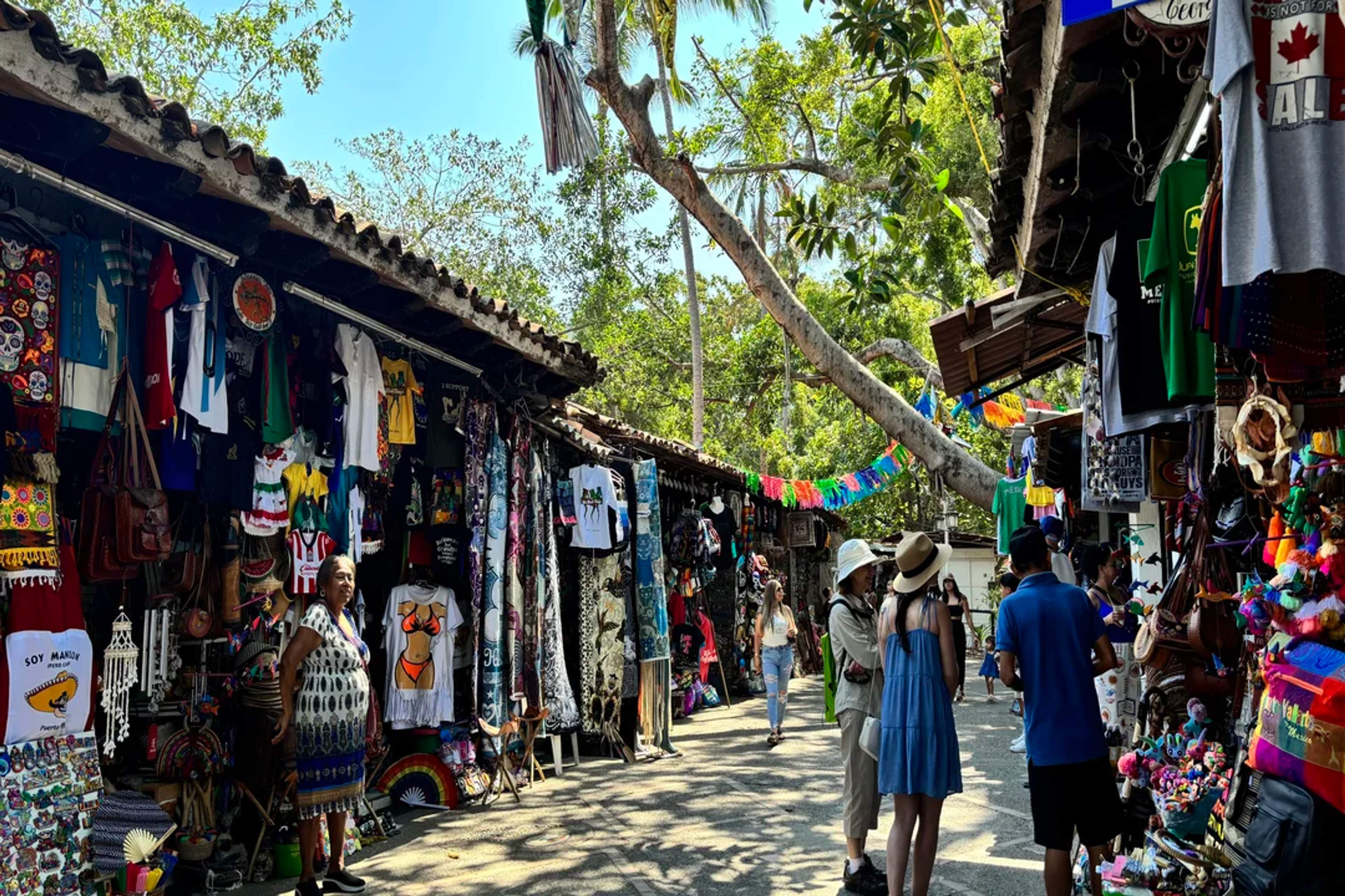 Visitors explore colorful artisan stalls at a traditional market in Puerto Vallarta.