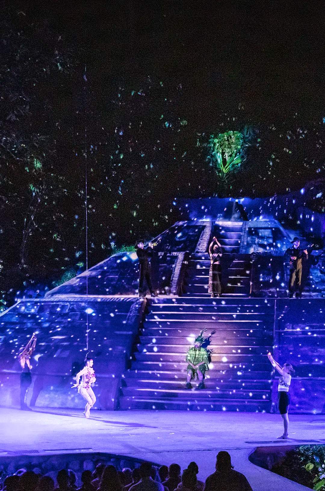 Magical night show at Las Caletas with lights, dance, and jungle under the stars.