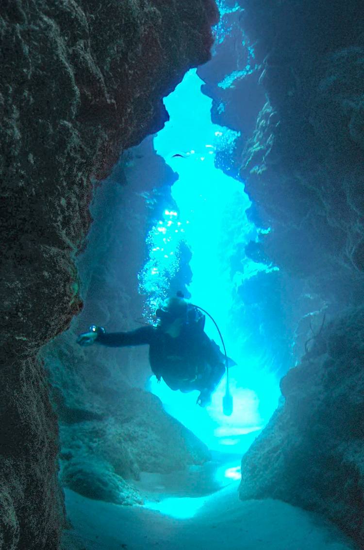 Scuba diver exploring an underwater cave in the Marietas Islands.