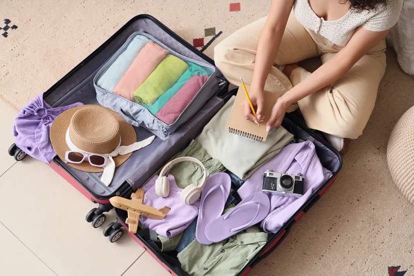 Traveler packing a suitcase with clothes, flip flops, camera, and travel essentials for a warm vacation