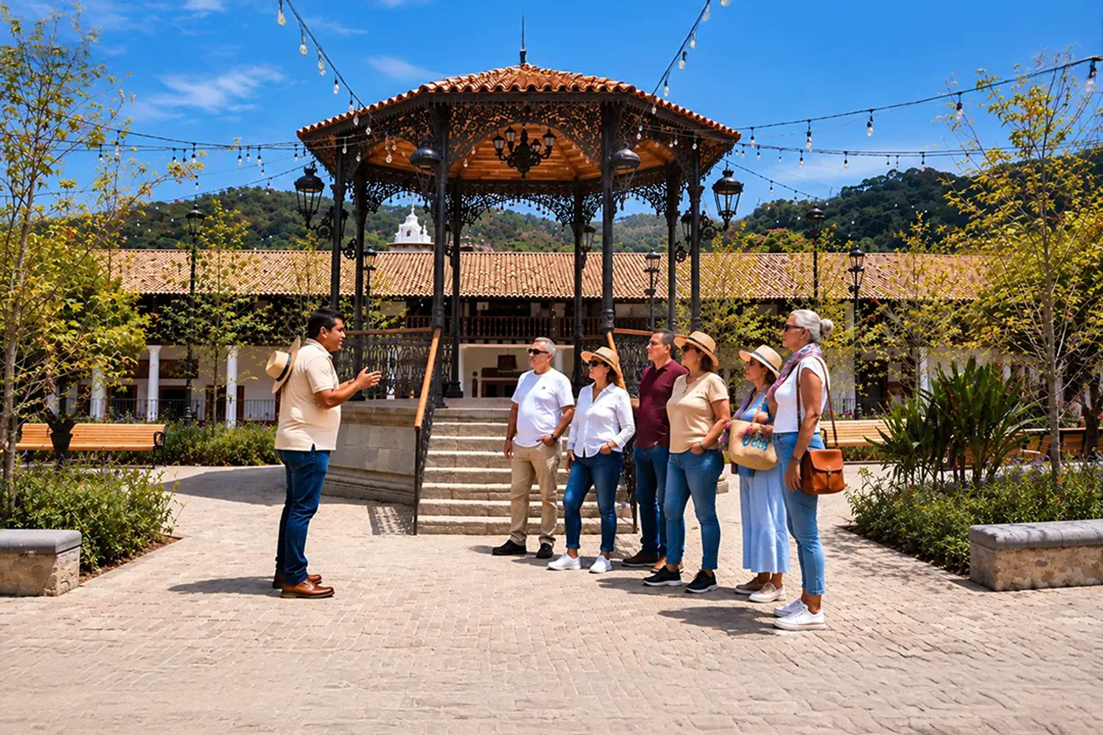 Senior travelers enjoying a guided cultural tour of a historic town square near Puerto Vallarta, Mexico.