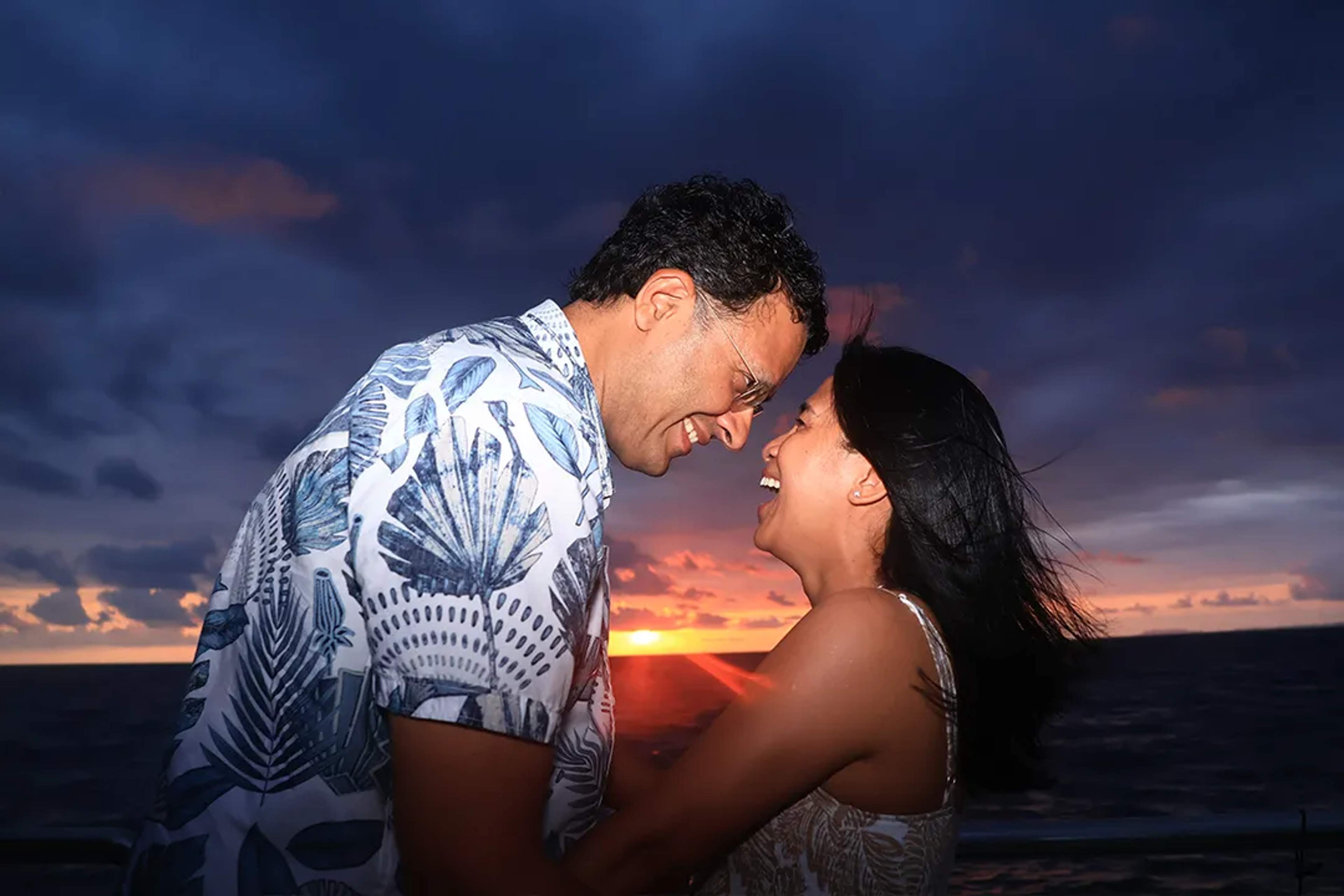 Couple sharing a romantic sunset moment in Puerto Vallarta on a Valentine’s cruise.