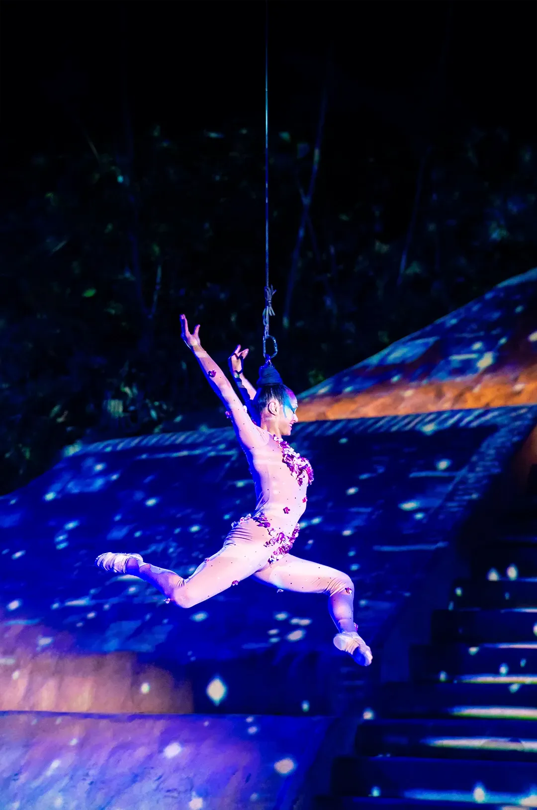 Acróbata aérea en Ritmos de la Noche, experiencia de fine dining y espectáculo en Puerto Vallarta