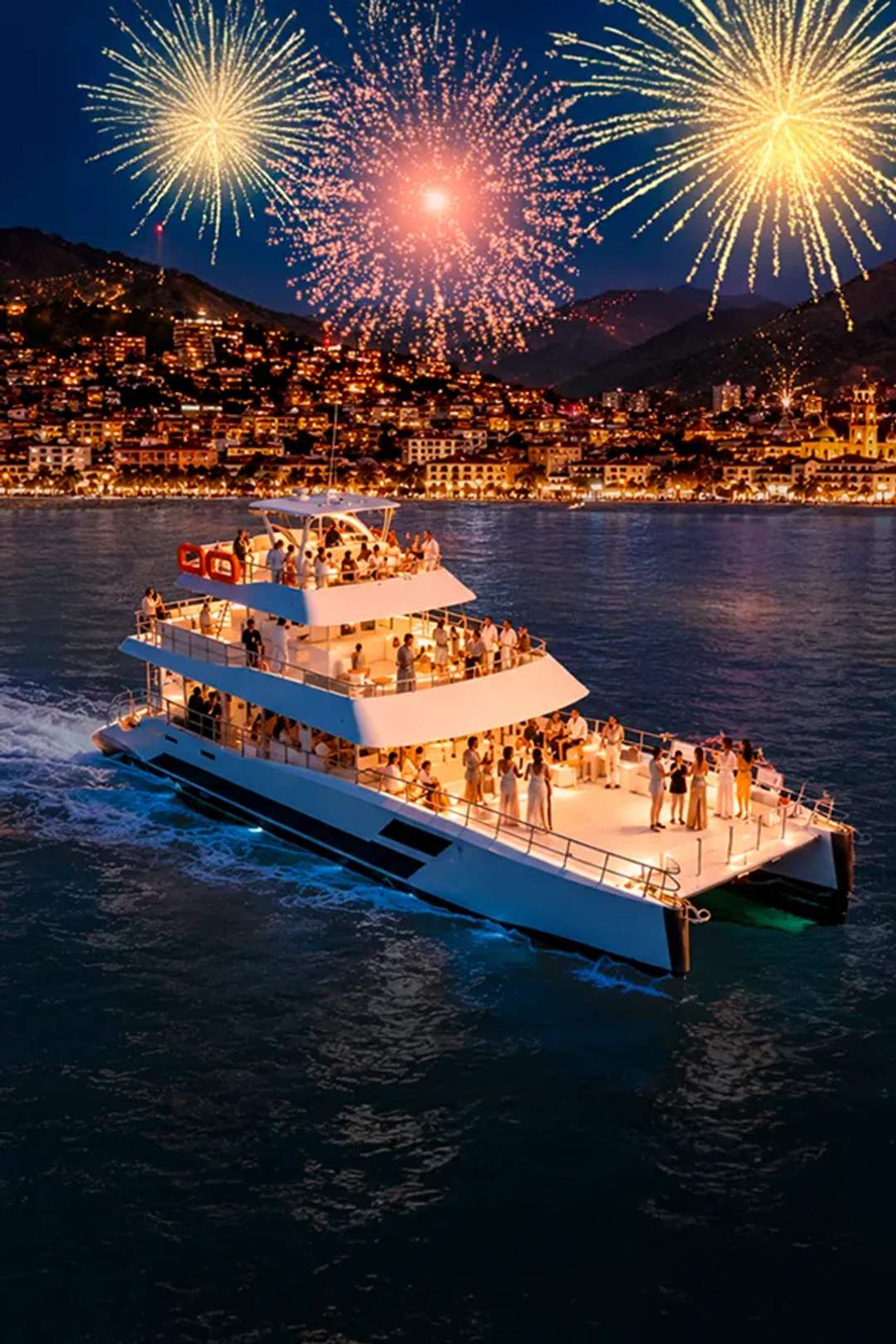 Seventeen New Year’s Eve cruise sailing Puerto Vallarta Bay with fireworks