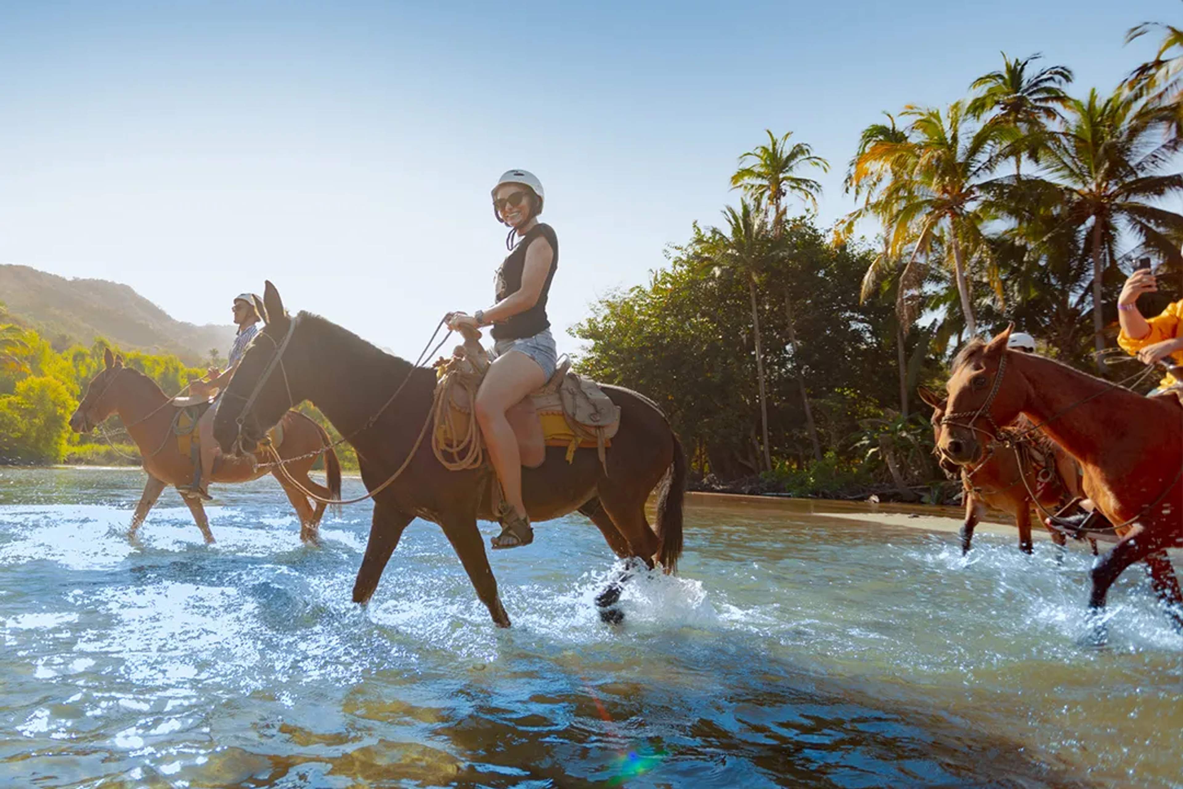 Tourists horseback riding through a shallow river, surrounded by palm trees and sunshine.