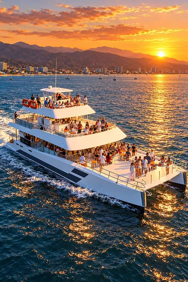 First Sunset Party a bordo de Seventeen en Puerto Vallarta con Vallarta Adventures al atardecer