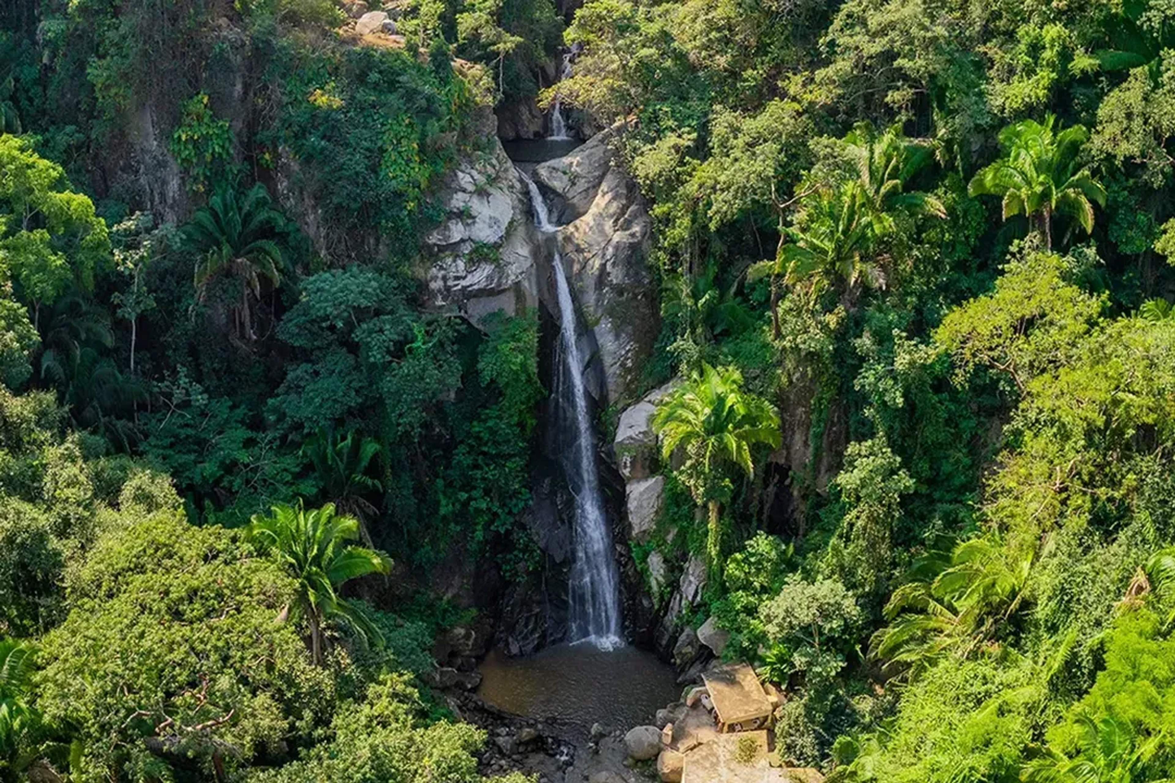 Jungle waterfall hidden in the Sierra Madre near Puerto Vallarta, surrounded by lush rainforest and tropical scenery