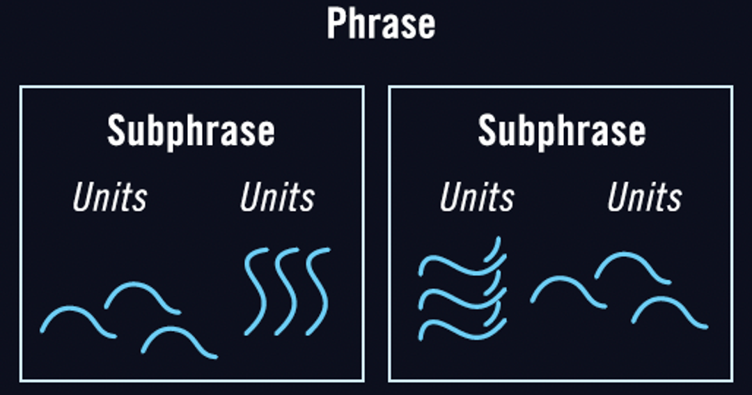 Diagrama que muestra la estructura de las canciones de la ballena jorobada, desglosando frases en subfrases y unidades con líneas onduladas.