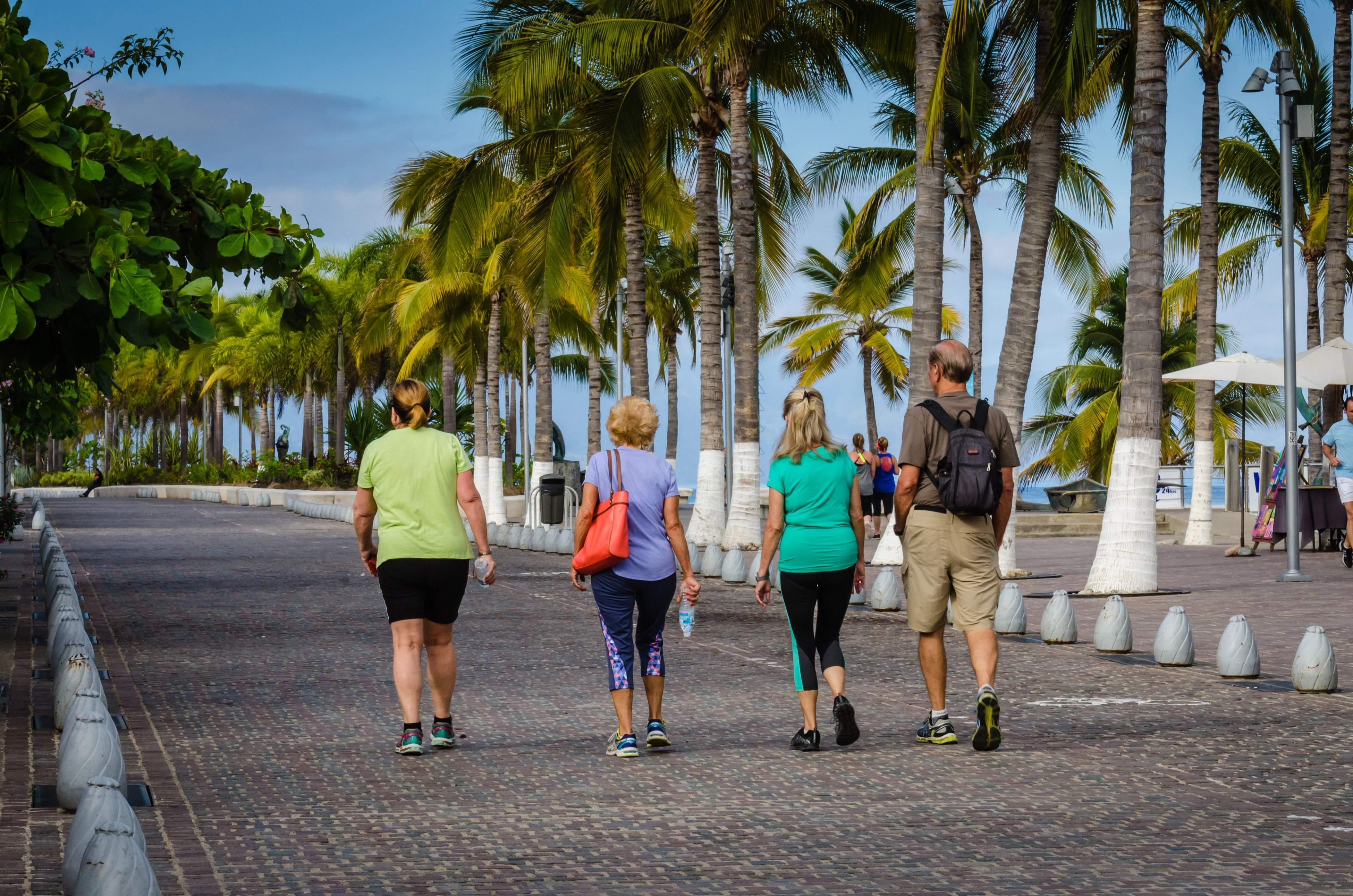 Personas caminando por el Malecón de Puerto Vallarta con palmeras, vista al mar y un ambiente relajado en día soleado