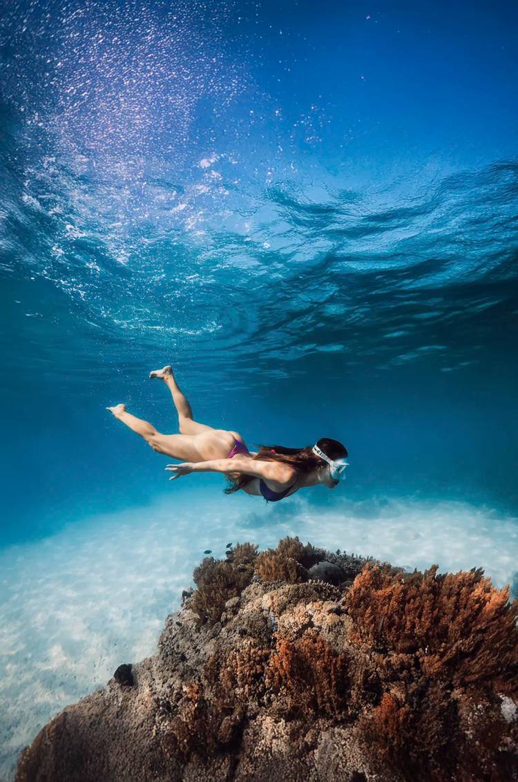 Guest snorkeling over a coral reef during a private catamaran experience in Puerto Vallarta.