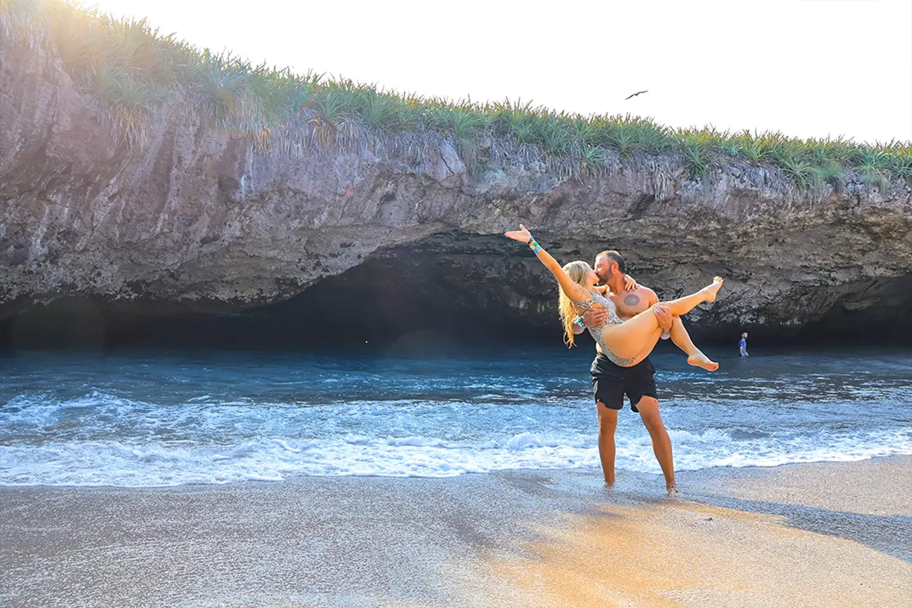 Couple enjoying Hidden Beach at Marietas Islands near Puerto Vallarta, romantic ocean escape