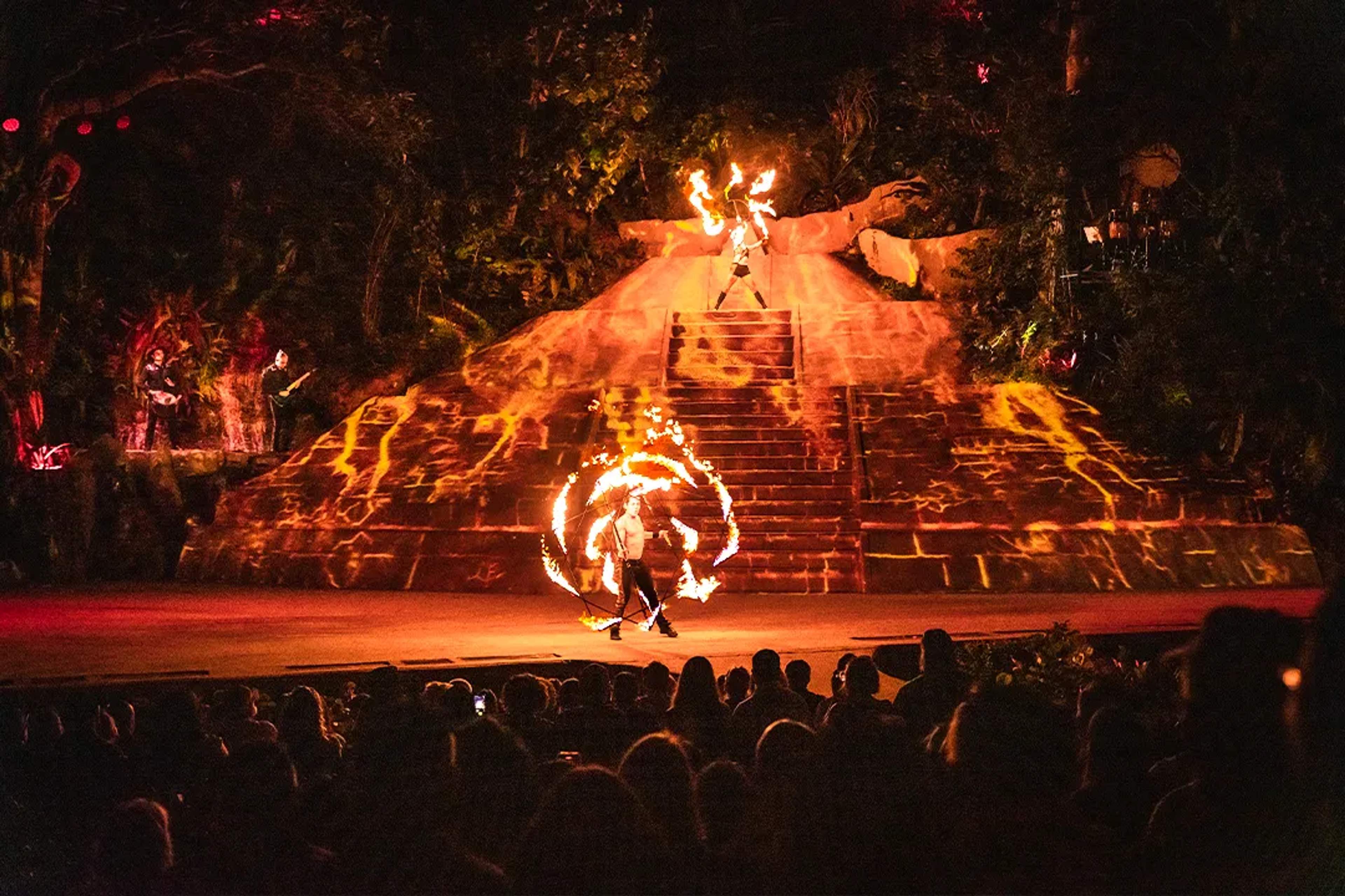 Rhythms of the Night fire show at Las Caletas with live music, acrobatics and immersive jungle stage
