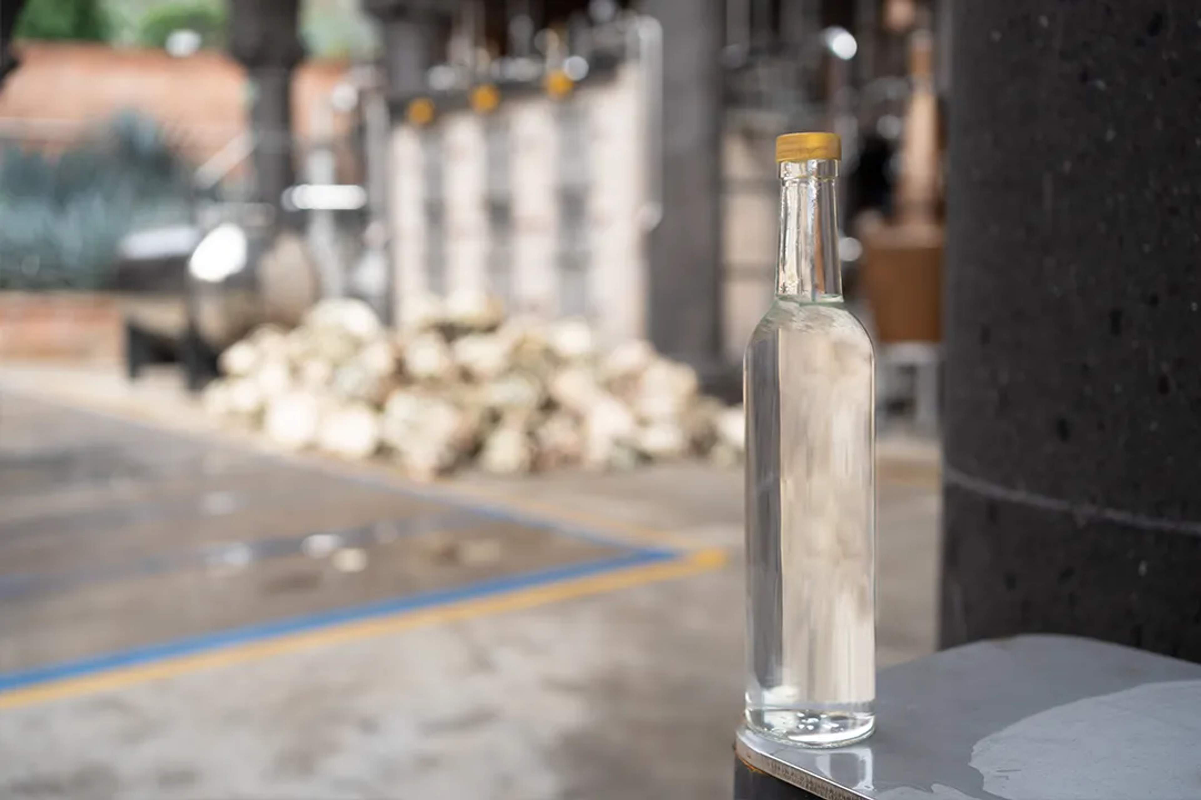 Clear bottle of agave spirit at a distillery, with harvested piñas stacked in the background.