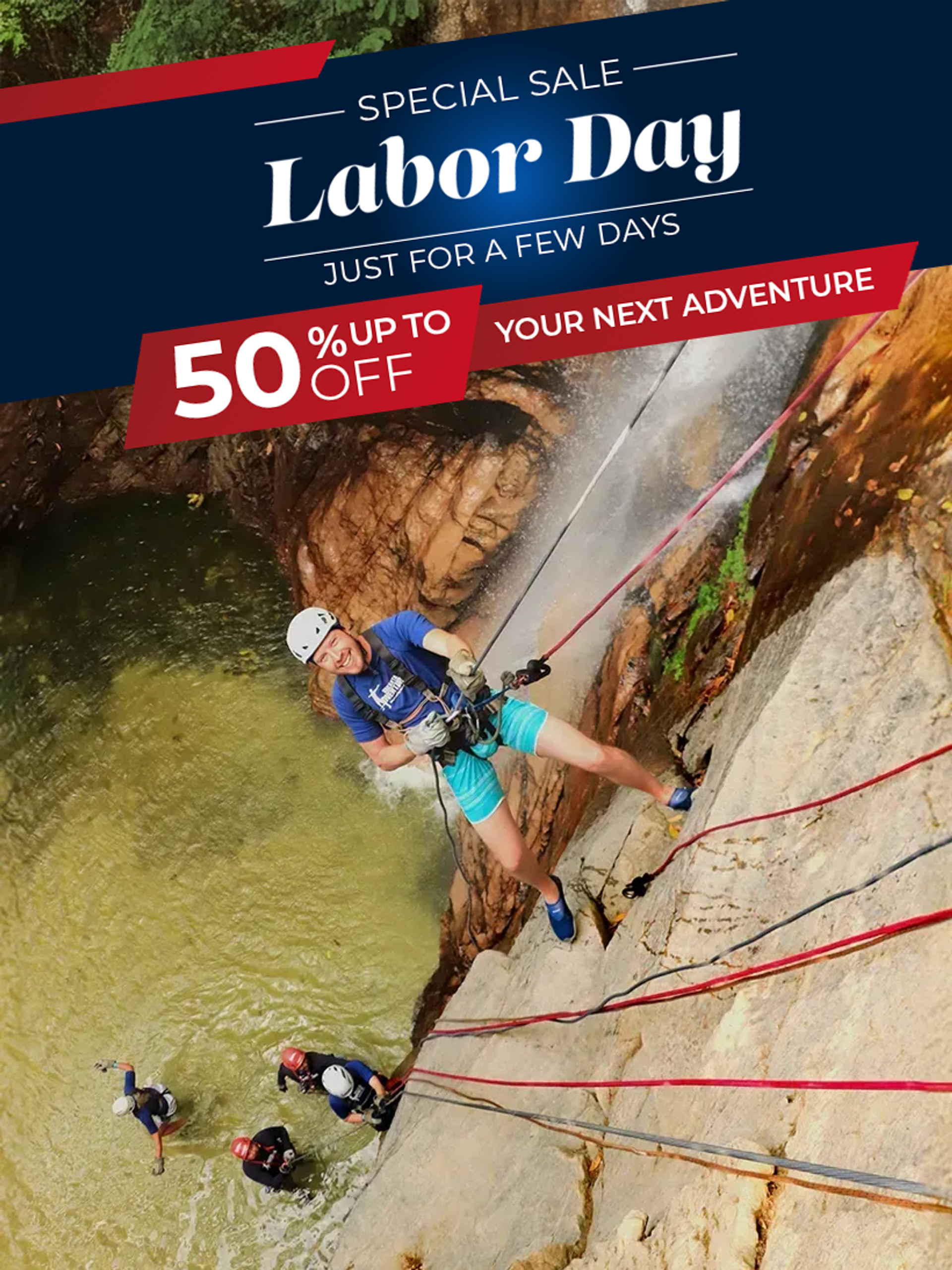 Rappelling down a stunning waterfall into a jungle pool—pure adrenaline and adventure in paradise!