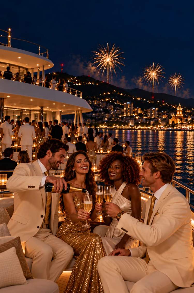 Brindis de Año Nuevo a bordo de Seventeen en Puerto Vallarta con fuegos artificiales