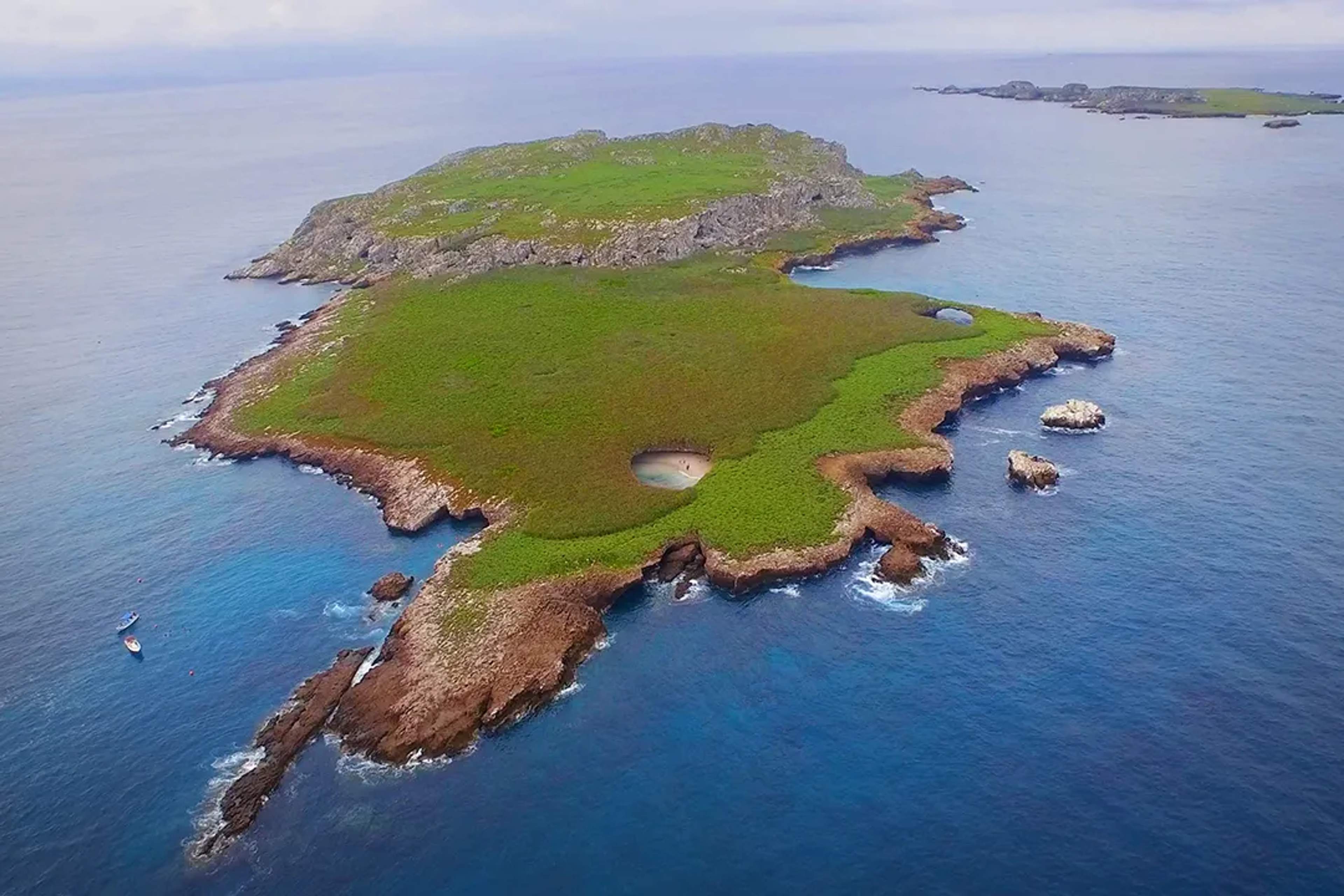 Aerial view of Marietas Islands with the iconic Hidden Beach inside a volcanic crater.