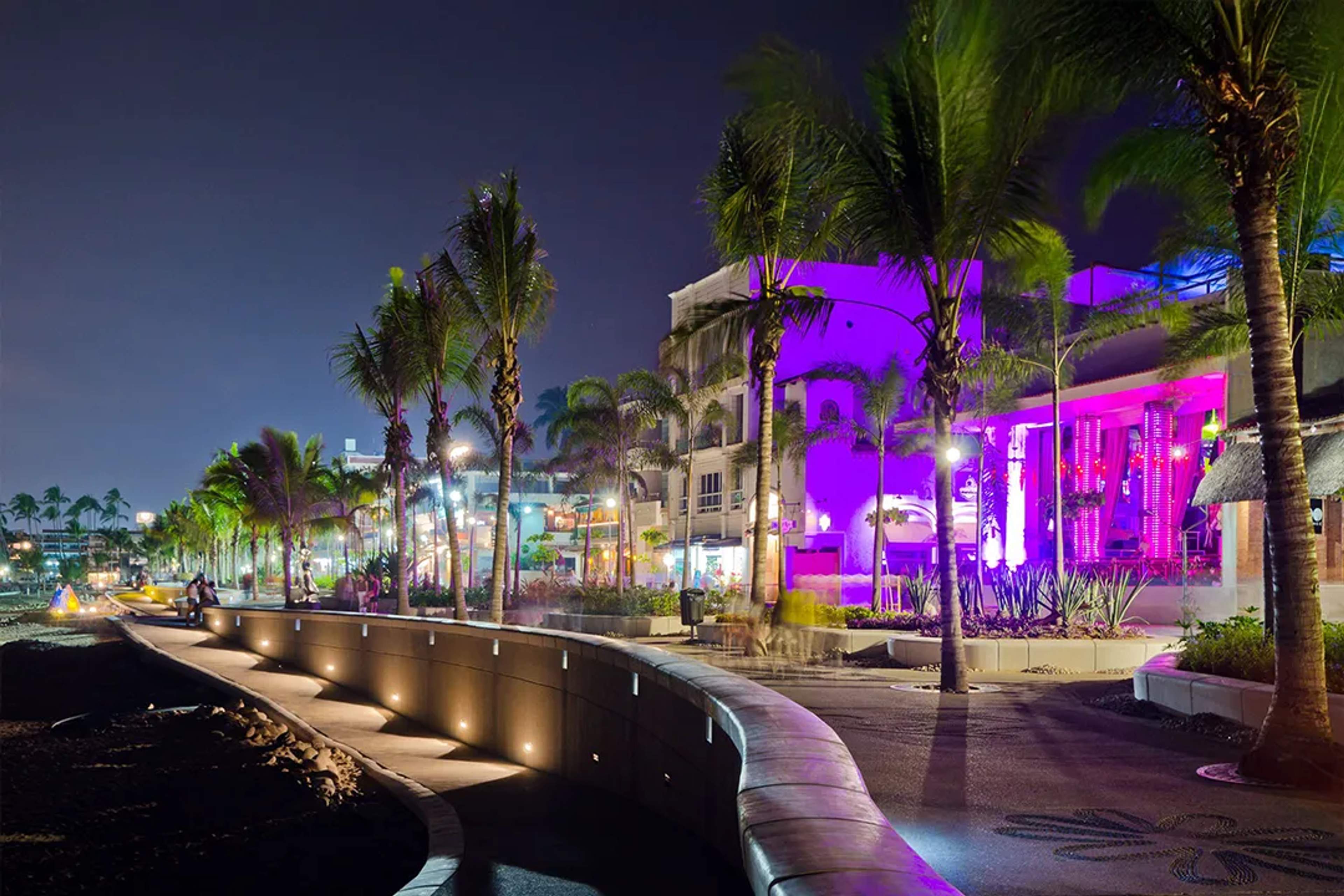 Malecón de Puerto Vallarta de noche con palmeras, luces de colores, paseo frente al mar y ambiente nocturno animado