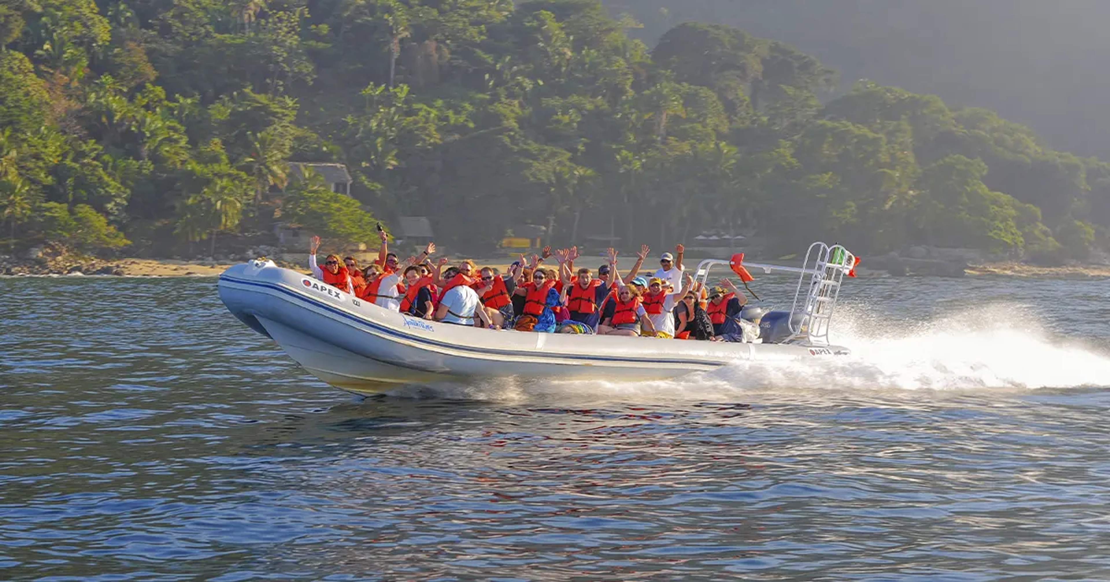 A group of people in life vests enjoying a fast boat ride near a lush coastline, waving their hands in excitement.