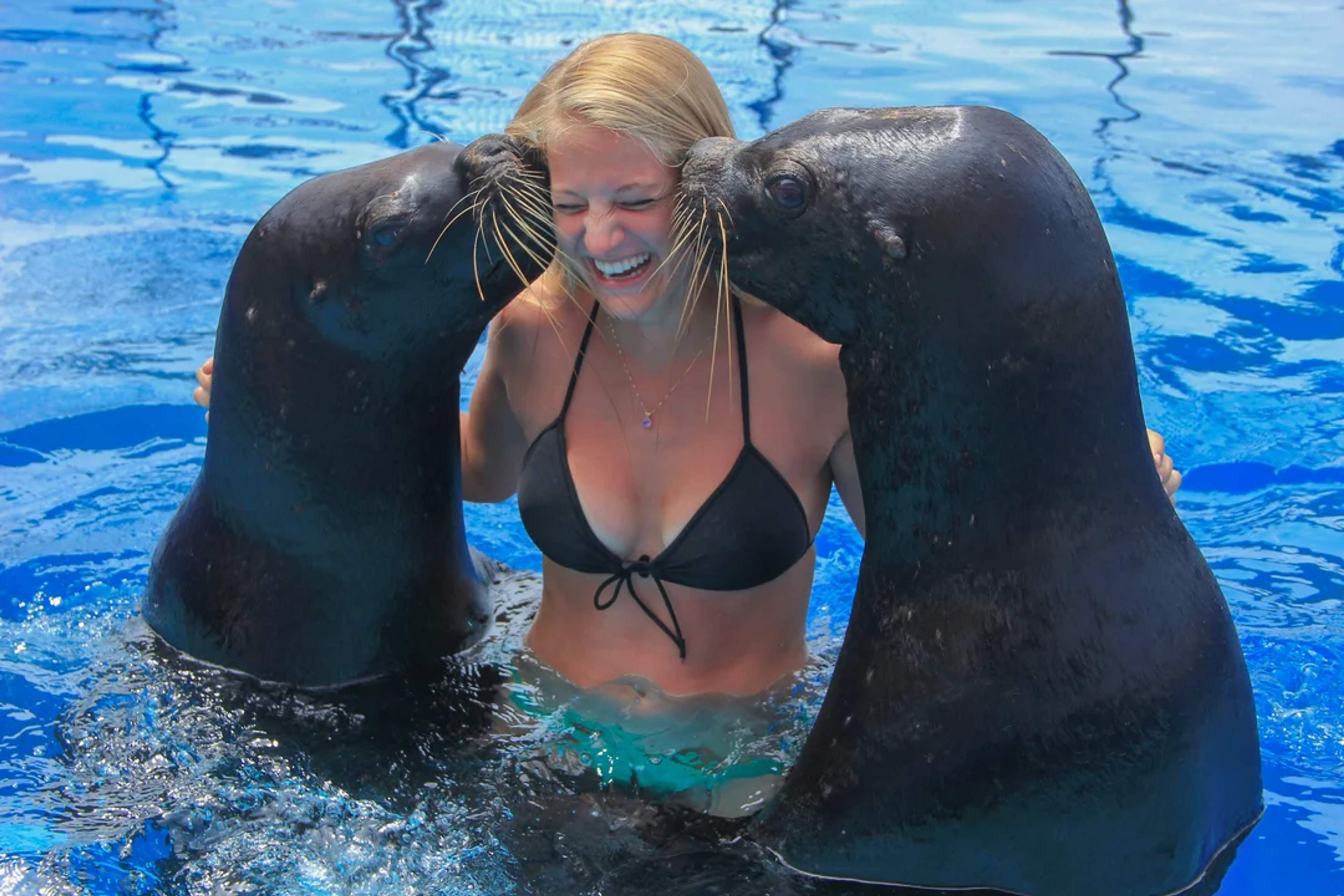 Woman laughs joyfully as two sea lions kiss her cheeks in a playful water encounter.
