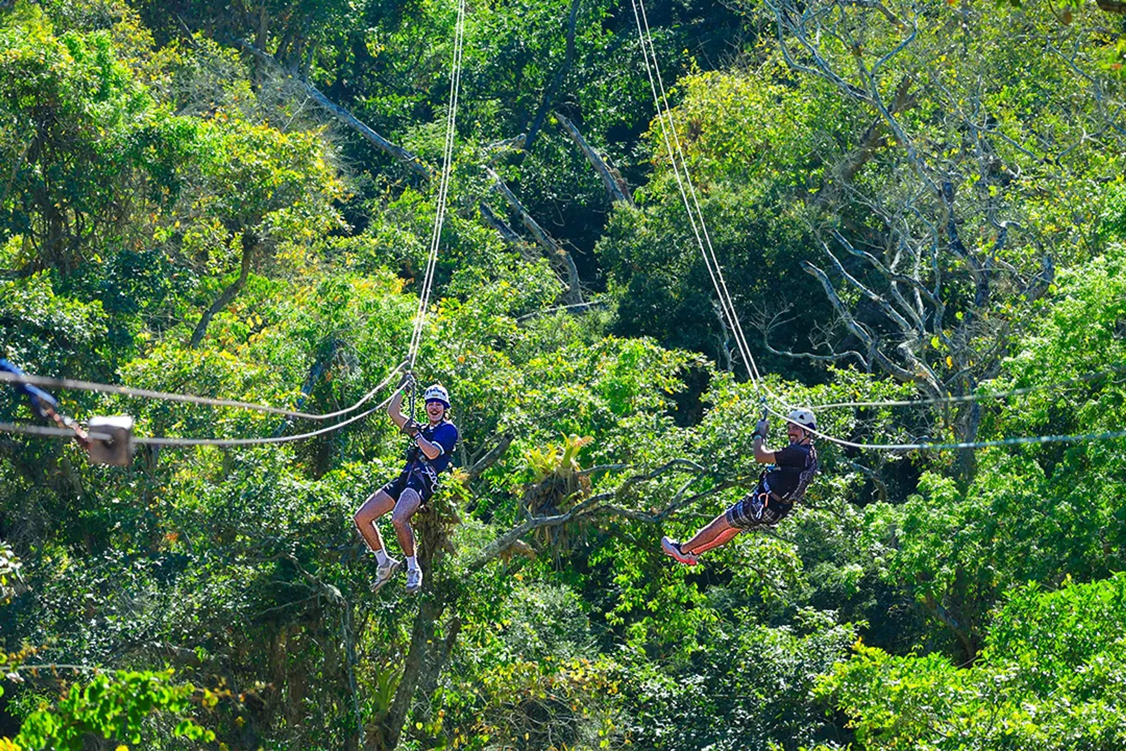 Dos personas recorren la selva en tirolesa, disfrutando una aventura en Puerto Vallarta.