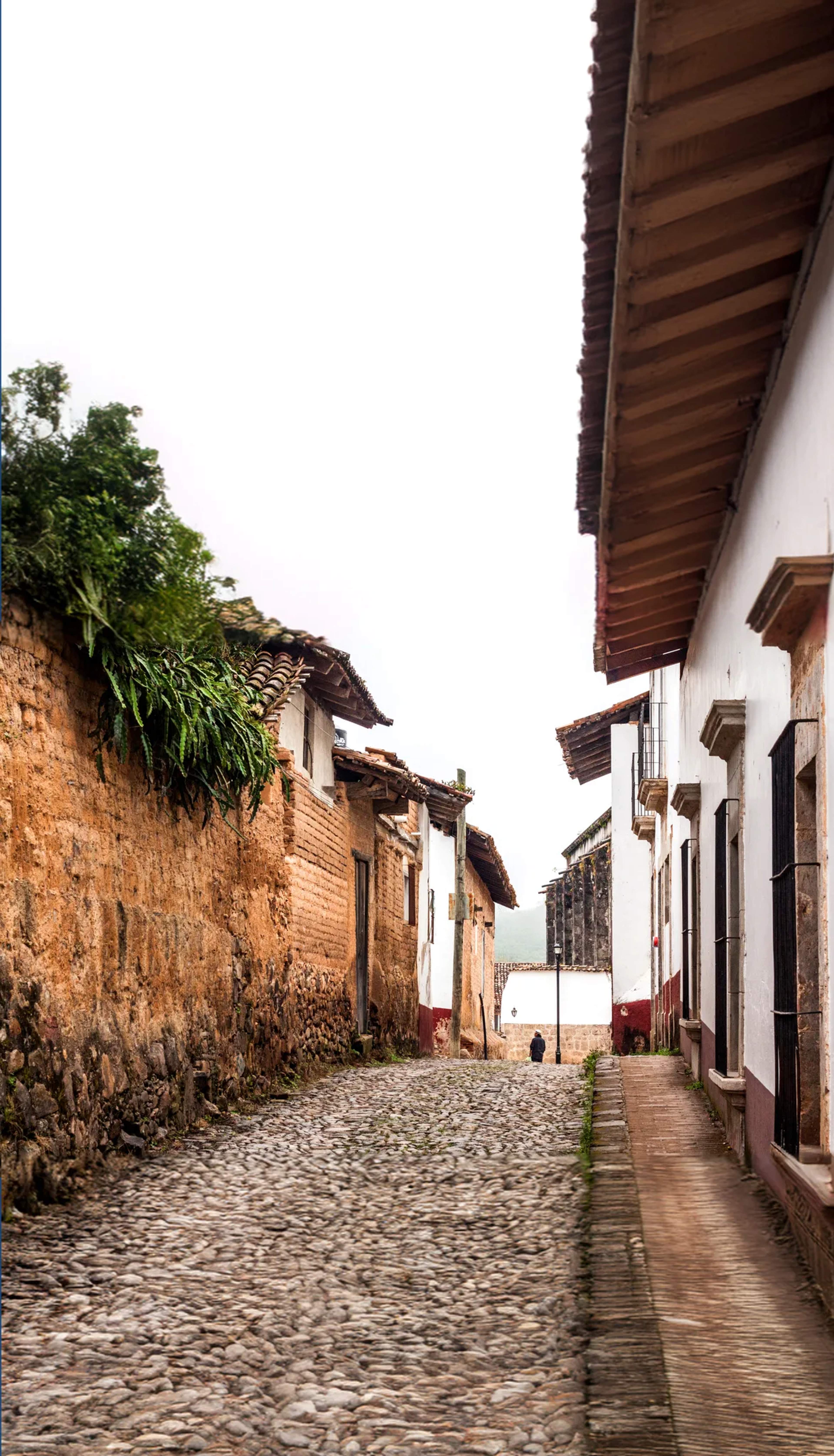 Narrow cobblestone street flanked by traditional colonial buildings in the quiet mountain town of San Sebastián del Oeste.