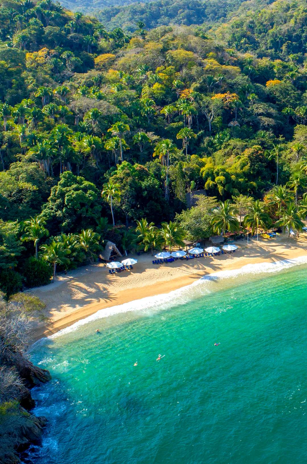 Aerial view of Majahuitas, the most beautiful beach of Puerto Vallarta, located in the Mexican Pacific coast.