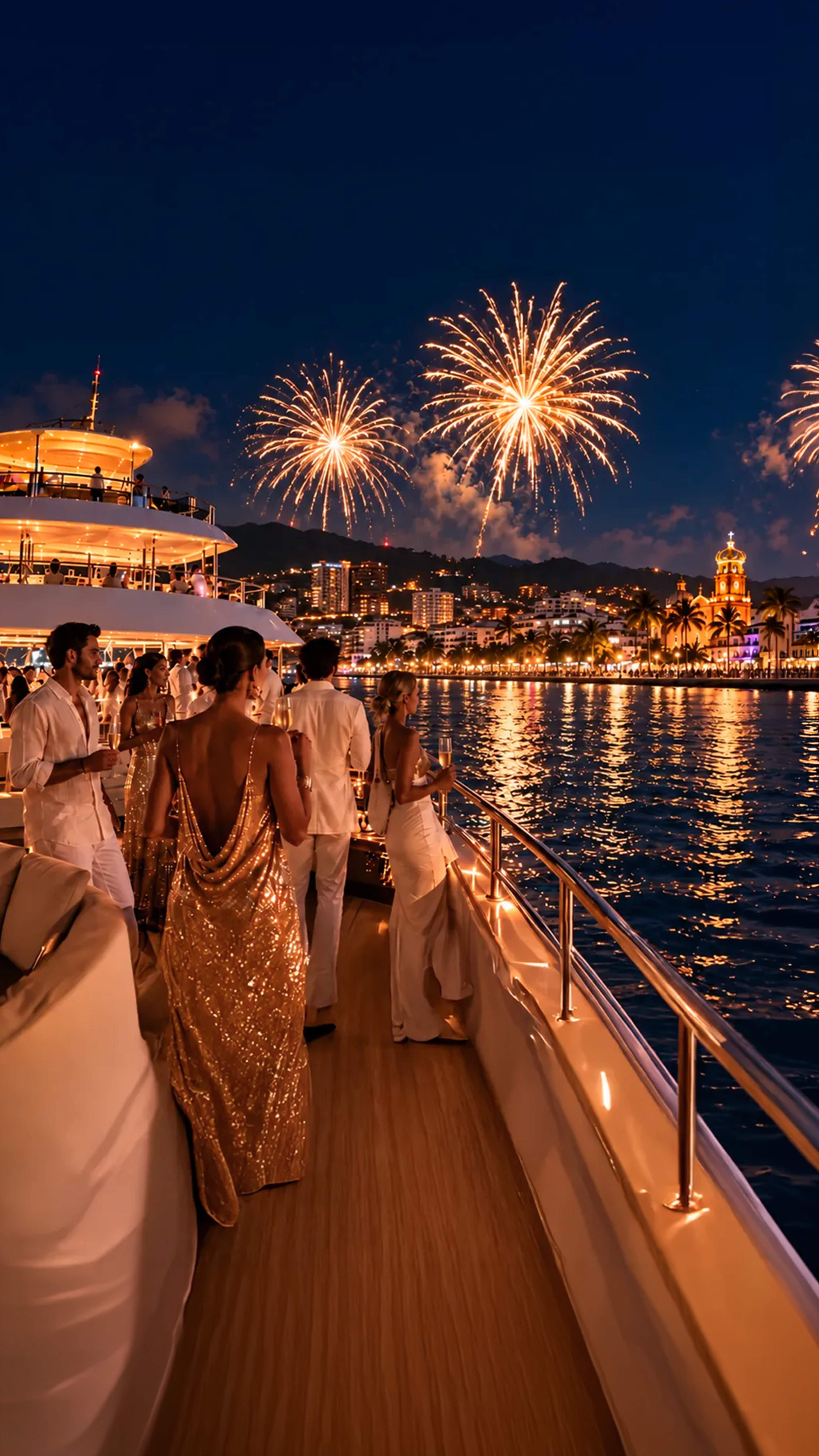 Sailboats glide under dazzling purple fireworks, lighting the city skyline and ocean waters.