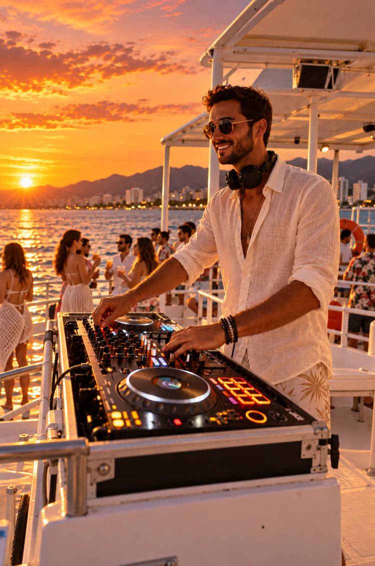 DJ anima el First Sunset Party en Puerto Vallarta a bordo de Seventeen con Vallarta Adventures