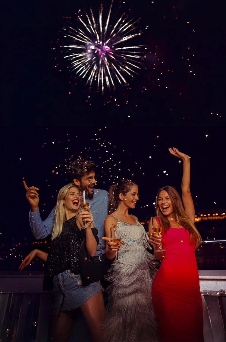 Group of friends onboard a Puerto Vallarta NYE cruise.