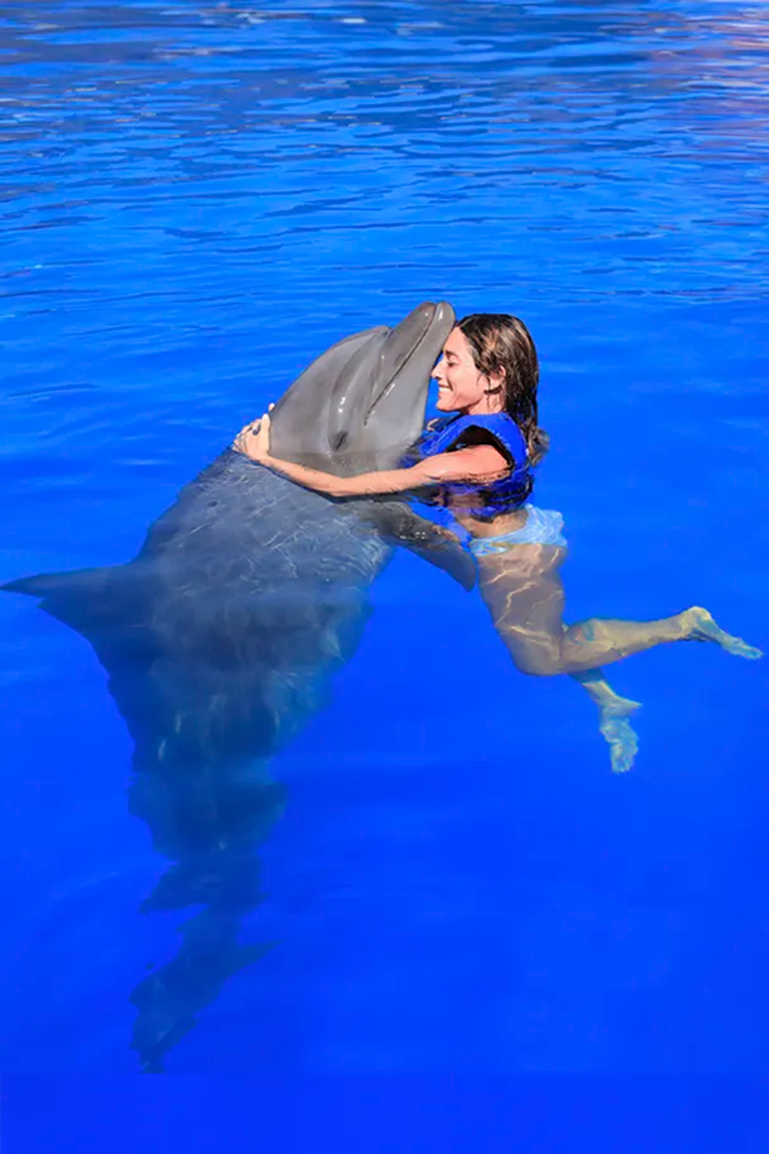 Chica nadando bajo el agua con delfines en Puerto Vallarta en el Centro de Mamíferos Marinos de Vallarta Adventures.