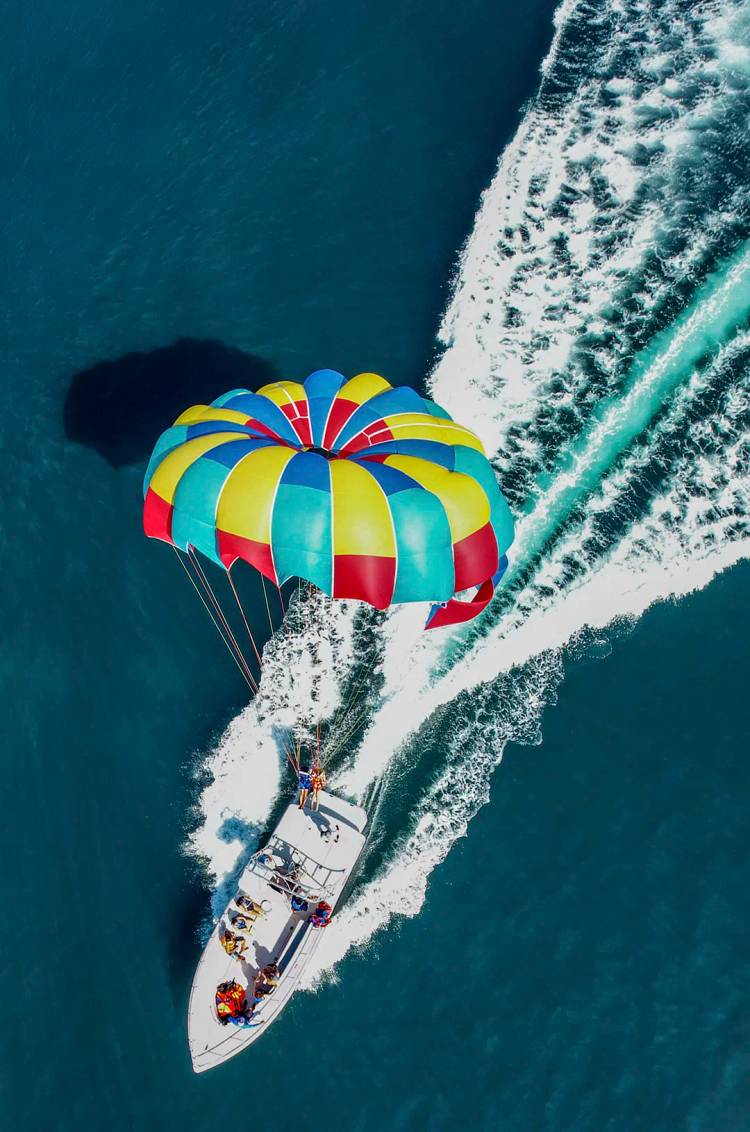 Ocean Mania waterpark's colorful parasailing flying over the sea.