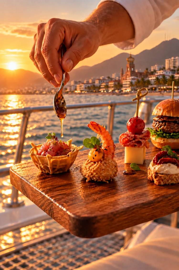 Canapés gourmet al atardecer en el First Sunset Party en Puerto Vallarta con Vallarta Adventures.