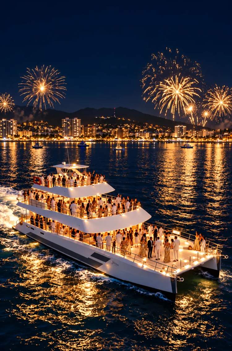 Catamarán Seventeen de Año Nuevo navegando en Puerto Vallarta con fuegos artificiales