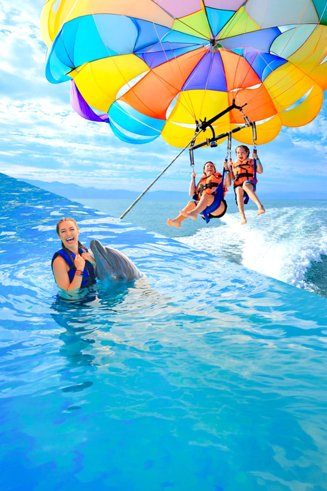 Fly on a parasailing and swim with dolphins in a Puerto Vallarta tour package.
