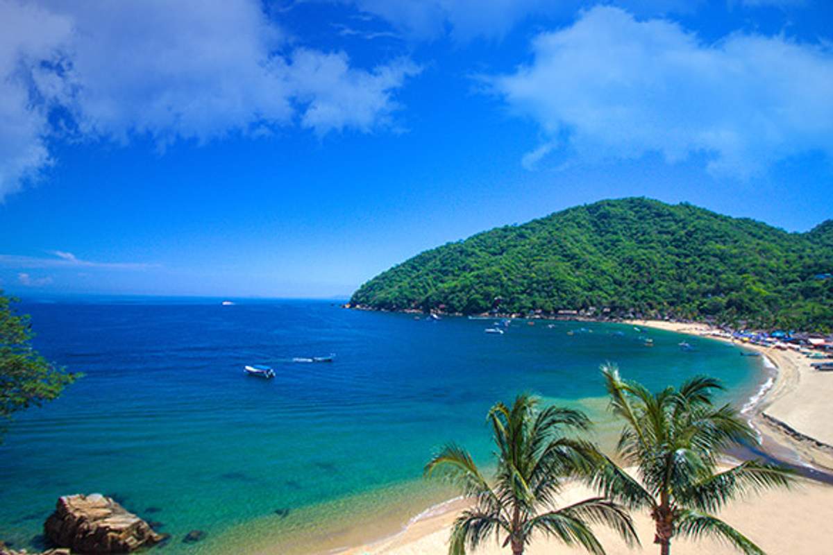 A scenic view of Yelapa beach with turquoise waters, palm trees, and a lush green hill under a bright blue sky with a few clouds.