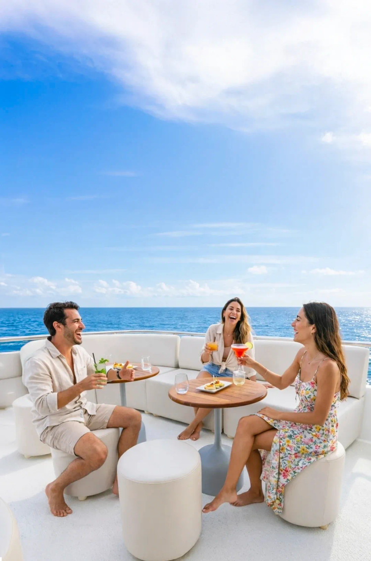 Guests enjoy cocktails aboard the Seventeen Premium Catamaran while sailing the blue waters of Los Cabos.