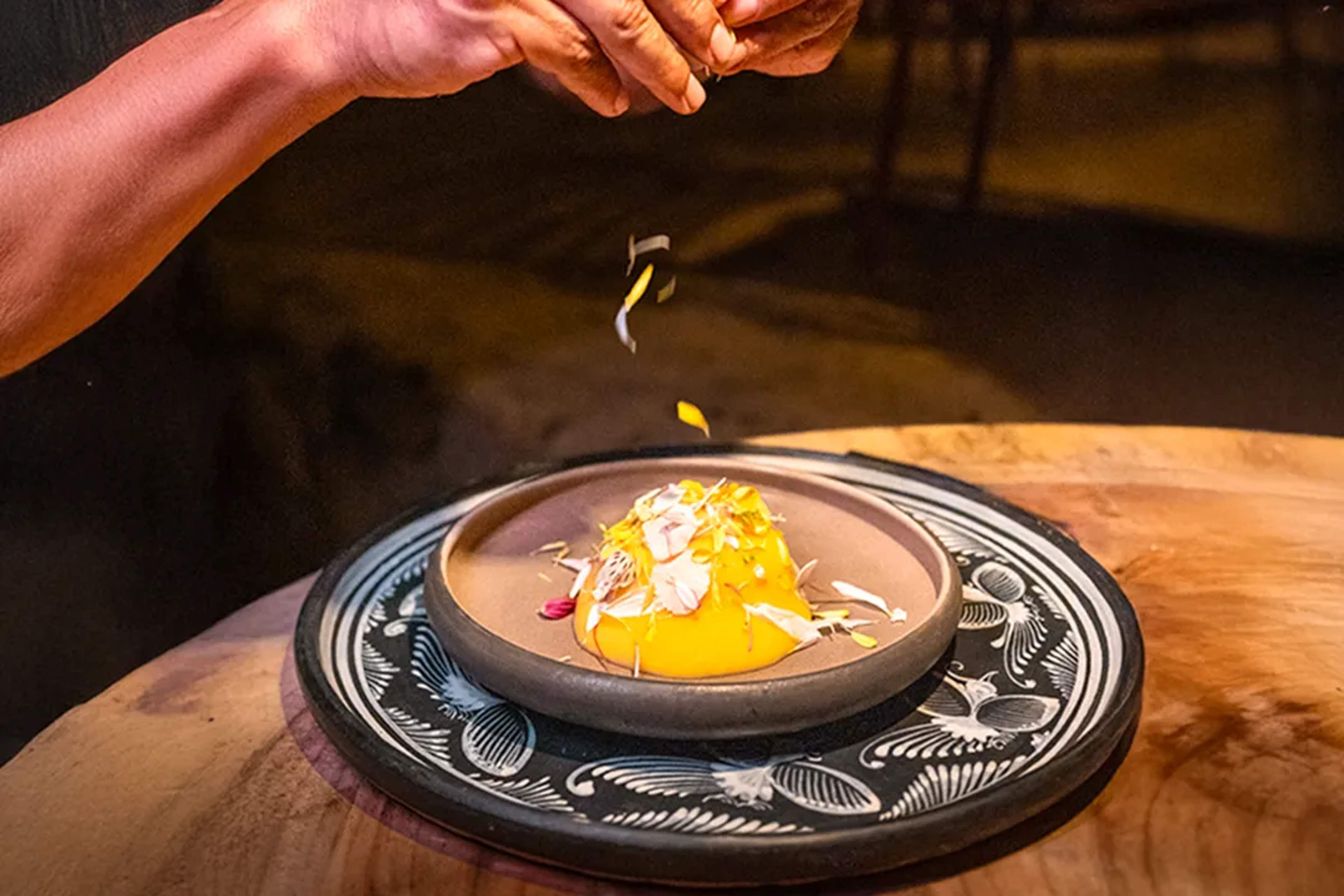 Fine dining dessert plated by Chef Paco Ruano, showcasing contemporary Mexican cuisine during an exclusive oceanfront dinner