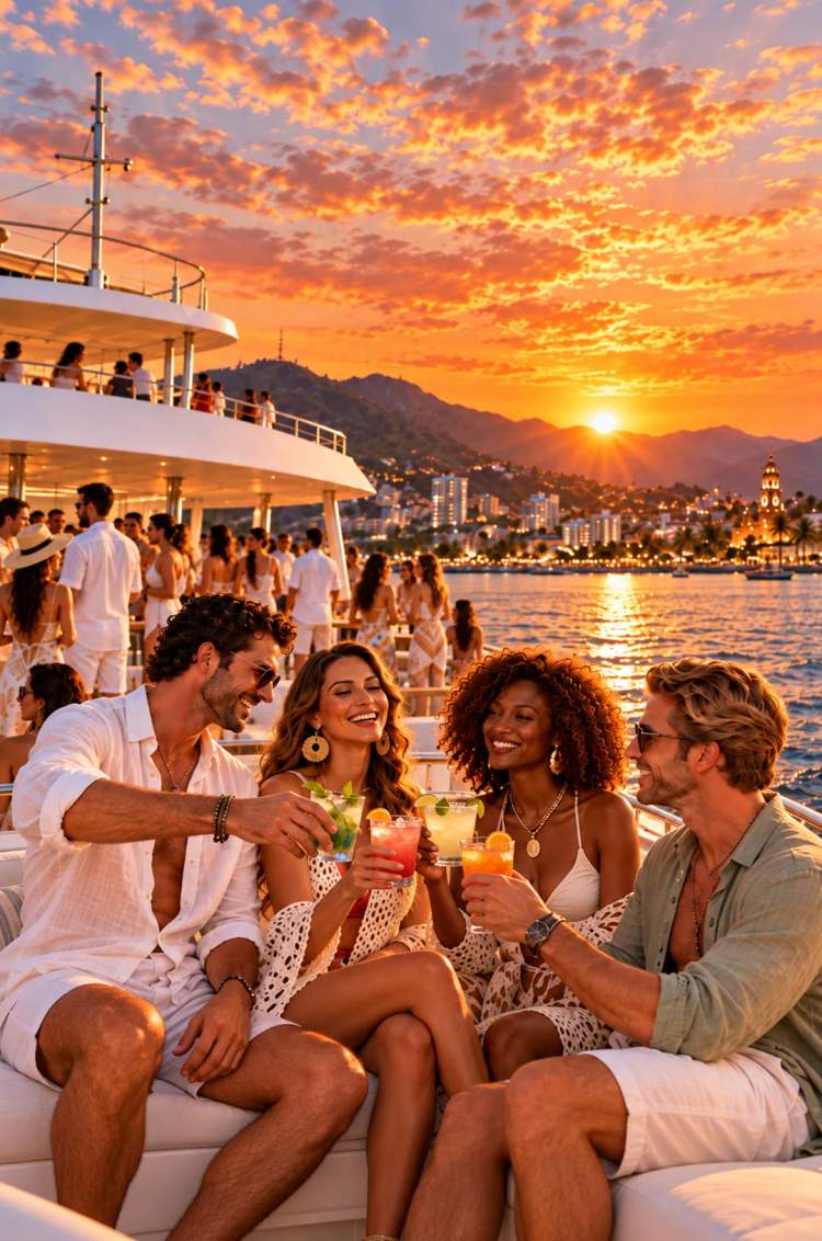 Grupo de amigos tomando cocteles en la fiesta del primer atardecer del año con Vallarta Adventures